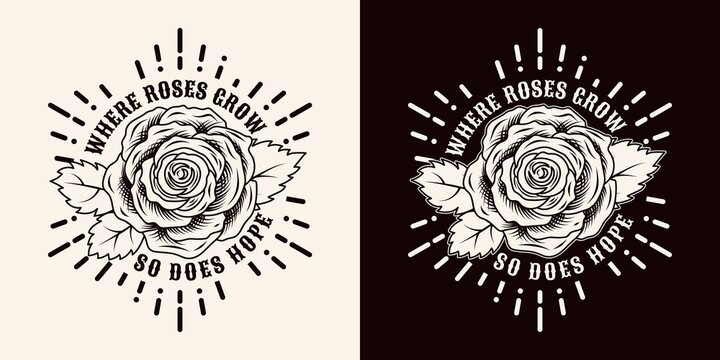 Monochrome label with vintage rose, leaves, radial rays, motavational quote about hope. View from above on dark and light background. Vector illustration for T-shirt design.
