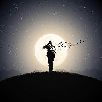 Dying soldier silhouette on battlefield. Death, afterlife. Full moon