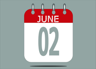 Icon day date 2 June, template calendar page in red and gray for days of the month