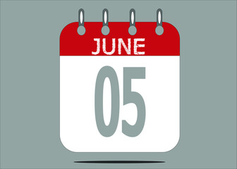 Icon day date 5 June, template calendar page in red and gray for days of the month