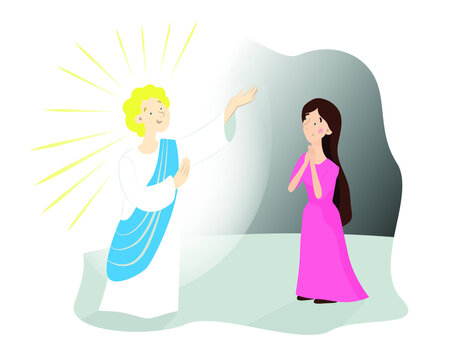 Biblical story of the Annunciation. Picture for Sunday school. Angel Gabriel comes to the Virgin Mary. Birth of Jesus Christ. Christian bible character. Cute vector isolated illustration. Maria