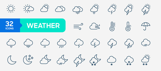 Weather icons pack in line style. Weather line icon set isolated. Clouds logo and sign, vector illustration. Weather forecast - outline web icon set, Simple Thin line icons collection.