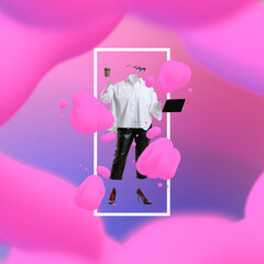 Contemporary art collage. Silhouette of fashionable woman wearing stylish official cloth isolated over pink and purple abstract fluid background