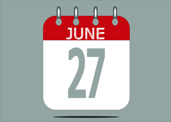 Icon day date 27 June, template calendar page in red and gray for days of the month
