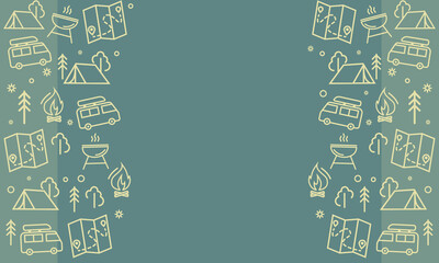 Camping seamless vector pattern. Outdoor recreation, hike horizontal banner with outline icons of campfire, tent, truck, map, barbecue and forest. Design for web page poster, wallpaper, packaging