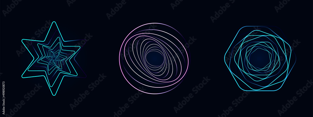 Poster set of twisted spirals. sacred geometry. tunnel with lines in the form of a circle and hexagons. vec