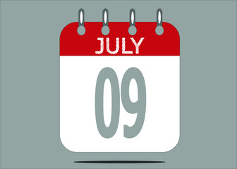 Icon day date 9 July, template calendar page in red and gray for days of the month