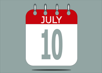 Icon day date 10 July, template calendar page in red and gray for days of the month