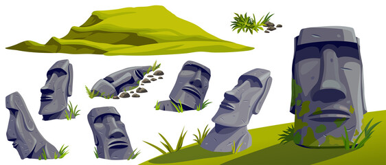 Moai on Easter island in cave. Isolated vector cartoon stone sculptures on mountain. Set ancient statue civilizations of atlantis and lemuria.