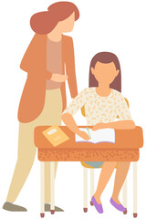 Female teacher watching, encouraging student for doing hometask Girl kid sitting at desk and writing in exercise book. Woman helping schoolgirl with homework. School education, studying concept