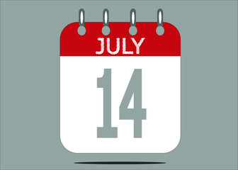 Icon day date 14 July, template calendar page in red and gray for days of the month
