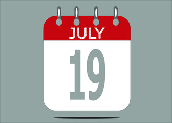 Icon day date 19 July, template calendar page in red and gray for days of the month