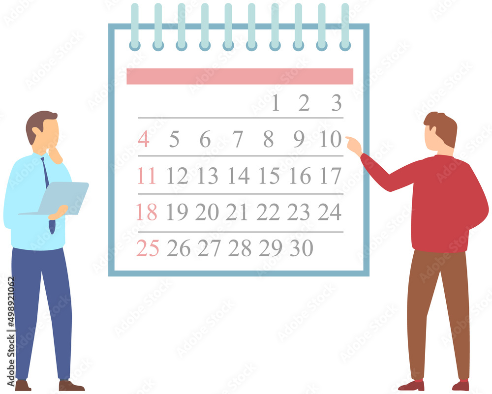 Poster men looking at month calendar and planning schedule. businessmen analyze calendar and make monthly p