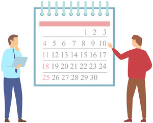 Men looking at month calendar and planning schedule. Businessmen analyze calendar and make monthly plan. People deal with time management and scheduling. Characters work with workflow organization