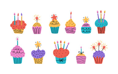 Vector set of colorful holiday doodle icons. Bday cake with candles, cupcakes, muffins. Happy birthday. Modern design in minimalistic scandinavian style for children's parties, birthday, anniversary.