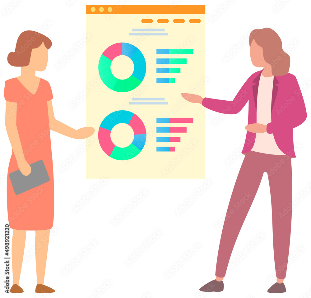 Aufkleber Manager makes presentation of statistical report analysis charts. Planning business. Teamwork consulting for project management, financial reporting and strategy. Data analysis research statistics