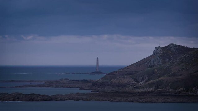 La Hague, France, Timelapse - Closeup of the Phare de Goury at dusk
