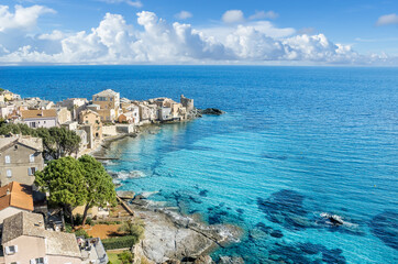 Fototapeta na wymiar Landscape with Erbalunga, ancient village in Corsica island, French
