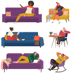 Obraz premium People resting at home relaxing on sofa or armchair having lazy free time and relax set of illustrations. Thinking or dreaming alone person in apartment, relaxation after work, take ones ease