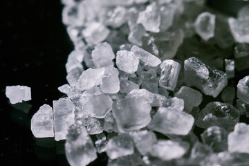 white crystals. Black background. macro.
