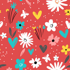 Seamless floral pattern based on traditional folk art ornaments. Colorful flowers on color background. Scandinavian style. Sweden nordic style. Vector illustration. Simple minimalistic pattern