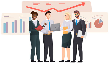 Manager makes presentation of statistical report analysis charts. Planning business. Teamwork consulting for project management, financial reporting and strategy. Data analysis research statistics