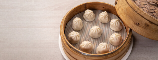 Steamed pork soup dumplings named Xiao long bao xiaolongbao in Taiwan.
