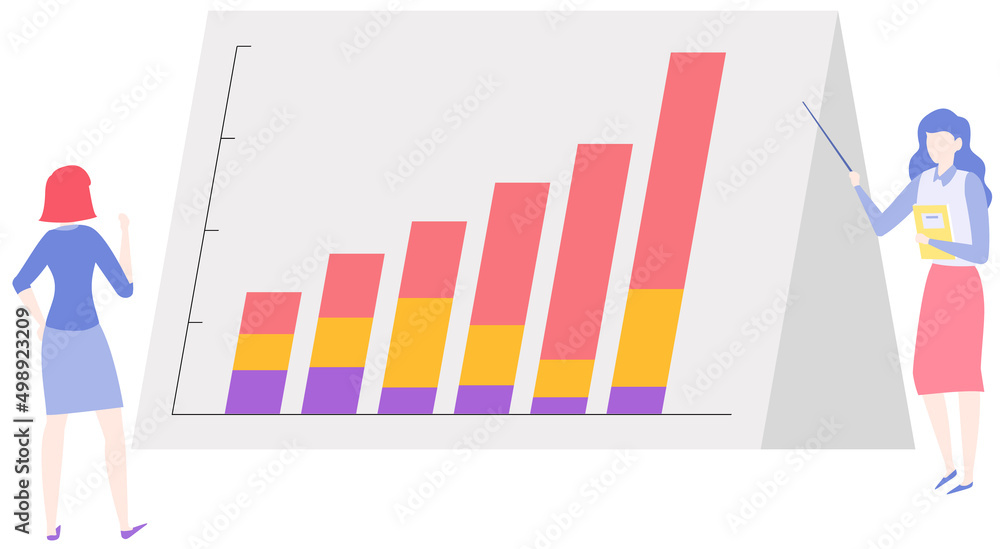 Poster people present diagrams and bar chart on poster. growth graph with data analysis information. market