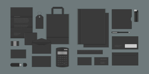 Business corporate identity mock ups template for Logo presentation design elements vector set. Stationery objects business card, blank paper, envelope and other.