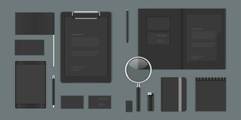 Business corporate identity mock ups template for Logo presentation design elements vector set. Stationery objects business card, blank paper, envelope and other.