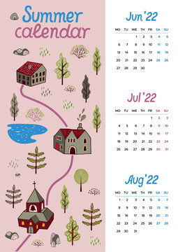 Seasonal calendar. Summer. Divider sheet for the diary. Hand-drawn landscape with cozy houses.