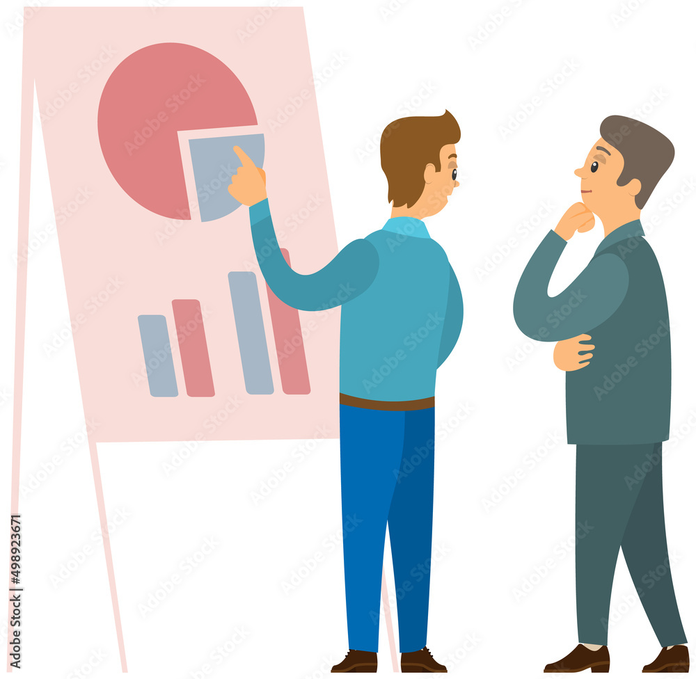 Poster manager makes presentation of statistical report analysis charts. planning business. teamwork consul