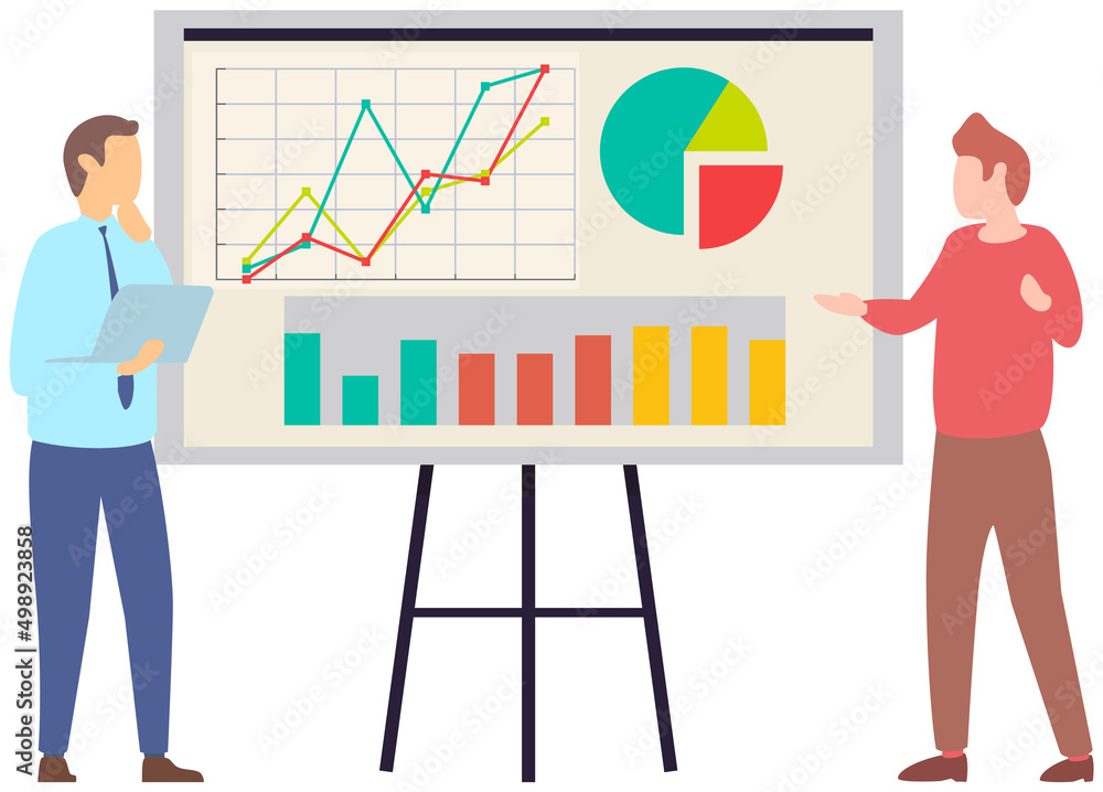 Poster manager makes presentation of statistical report analysis charts. planning business. teamwork consul