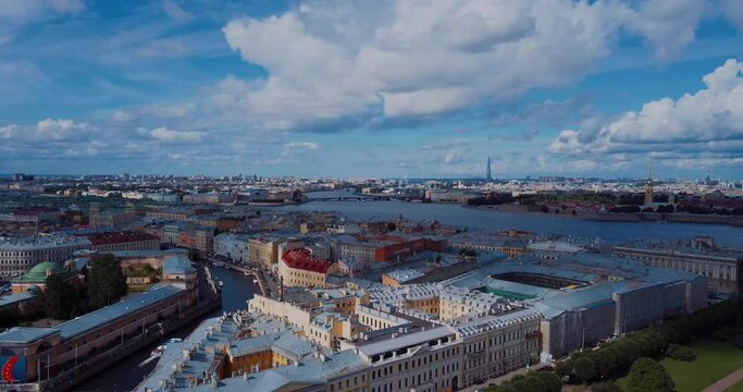 Aerial panorama of the center of St. Petersburg in summer 