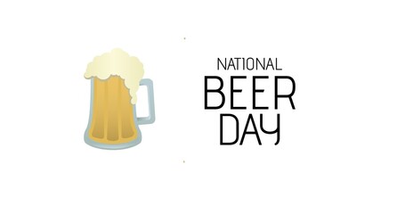 Digitally generated image of national beer day text by beer mug on white background, copy space