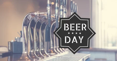 Gordijnen Composite image of beer taps and beer day text in bar, copy space © vectorfusionart