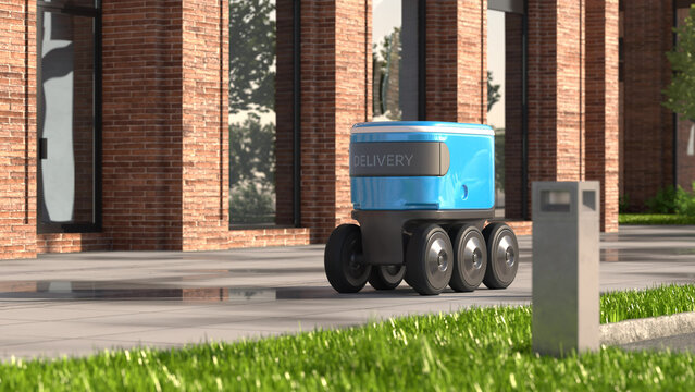 Autonomous delivery robot drives along the street