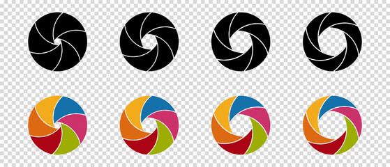 Camera Shutter Apertures - Black And Colorful Vector Illustrations Set - Isolated On Transparent Background