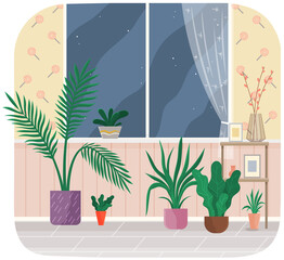 Modern plants in design of interior. Cute room at home for growing plants and flowers in pots. Empty cosy area with lollipop wallpaper and green houseplants. Greenery in apartment vector illustration