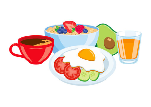 Healthy full breakfast still life icon vector. Breakfast with oatmeal, egg, vegetable, avocado, coffee and orange juice icon set vector isolated on a white background