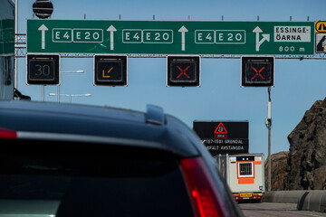 Stockholm, Sweden,A traffic jam on the E4 highway with closed lanes.