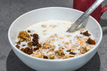 A bowl of granola cereal with milk and raisins.