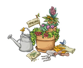 Gardening tools and pot with flowers, seeds, gloves, garden fork, trowel , spring agriculture arrangement