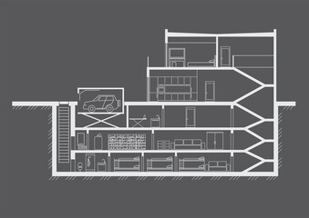Linear sketch cottage section with multi-storey basement on gray background