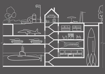 Linear architectural sketch hidden underground millitary base on gray background