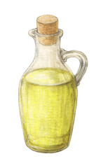 瓶に入ったオリーブオイル　水彩色鉛筆イラスト