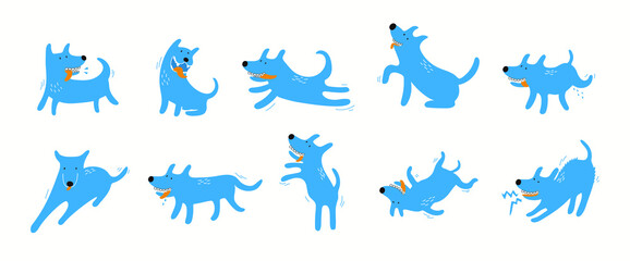 Cute cartoon dogs ,Funny dog play, run and lie down.Vector set of elements