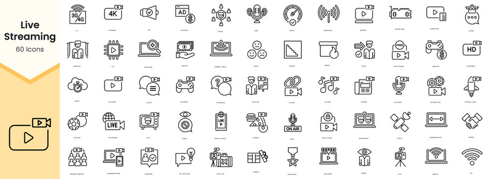 Set of live streaming icons. Simple line art style icons pack. Vector illustration