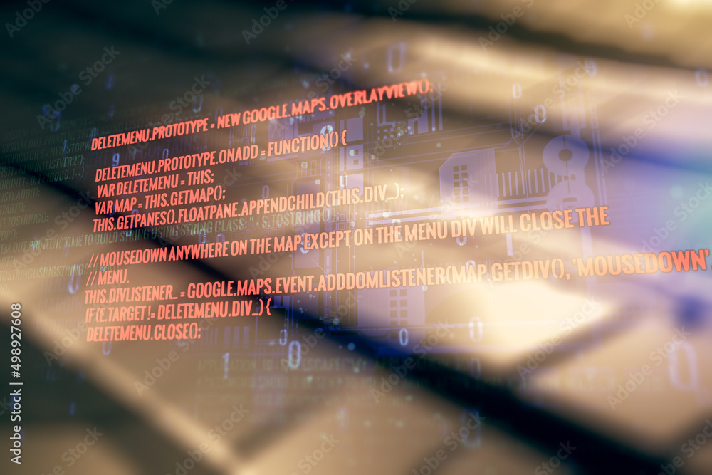 Poster double exposure of abstract creative programming illustration on shiny metal background, big data an