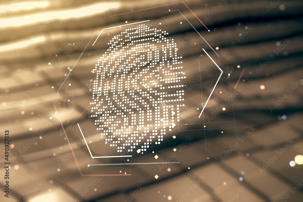 Poster abstract virtual fingerprint illustration on abstract metal background, personal biometric data conc